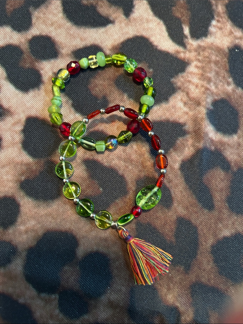 Hand Crafted Green & Red Beaded Tassel Bracelet Set